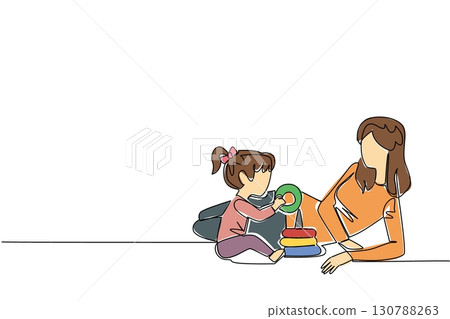 Continuous one line drawing a babysitter lying on floor accompanying girl playing donut stacking. The nanny who hone intelligence. National Babysitter Day. Single line draw design vector illustration 130788263