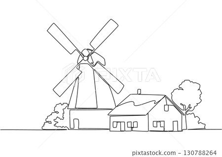 Single continuous line drawing windmill with house. Giant waterwheel to smooth irrigation channels. Eco friendly house. Balance of nature. National Windmill Day. One line design vector illustration Single continuous line drawing windmill with house. Giant waterwheel to smooth irrigation channels. Eco friendly house. Balance of nature. National Windmill Day. One line design vector illustration 130788264