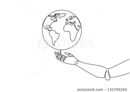 Continuous one line drawing robot hand with globe on top. Artificial intelligence robots will fill the earth. Dilemma problem. National Technology Day. Single line draw design vector illustration 130788269