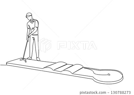 Single continuous line drawing a boy wants to hit the ball on a mini golf course. Spending time exercising on the weekend. Keep fit. Sport. National Mini Golf Day. One line design vector illustration Single continuous line drawing a boy wants to hit the ball on a mini golf course. Spending time exercising on the weekend. Keep fit. Sport. National Mini Golf Day. One line design vector illustration 130788273