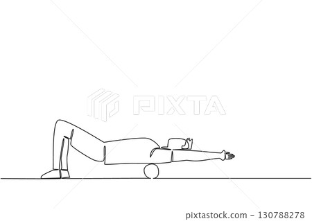 Single continuous line drawing a man exercising using a foam roller. Relaxation. Stretch out stiff muscles a bit. Minor injury recovery. National Foam Rolling Day. One line design vector illustration Single continuous line drawing a man exercising using a foam roller. Relaxation. Stretch out stiff muscles a bit. Minor injury recovery. National Foam Rolling Day. One line design vector illustration 130788278