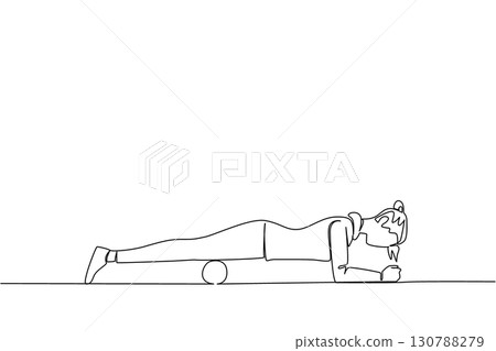 Continuous one line drawing a woman exercising using foam roller. Relieves pain from tension in the front thigh muscles. Health. National Foam Rolling Day. Single line draw design vector illustration 130788279