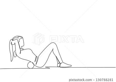 Single one line drawing a woman exercising using a foam roller in sit up pose. Relaxing the hips. A little therapy to calm down. National Foam Rolling Day. Continuous line design graphic illustration 130788281