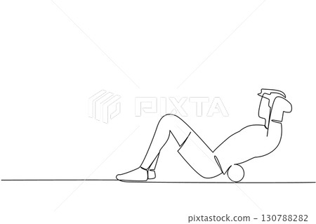 Continuous one line drawing a man exercising using a foam roller in a sit up pose. Therapy. Treatment. Favorite trainer. Healthy. National Foam Rolling Day. Single line draw design vector illustration 130788282
