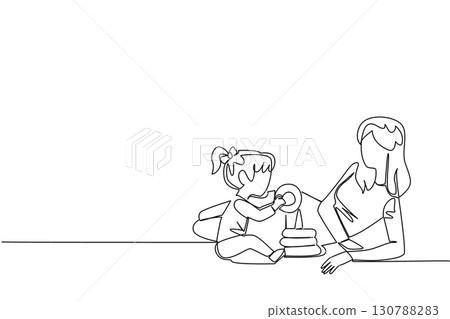Continuous one line drawing a babysitter lying on floor accompanying girl playing donut stacking. The nanny who hone intelligence. National Babysitter Day. Single line draw design vector illustration 130788283