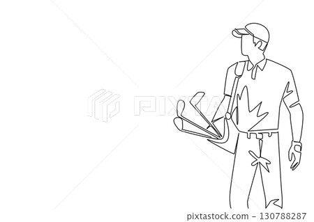 Single one line drawing man wearing a hat and gloves carrying a various golf clubs with golf bag. The newbie who just started practicing. National Golf Day. Continuous line design graphic illustration Single one line drawing man wearing a hat and gloves carrying a various golf clubs with golf bag. The newbie who just started practicing. National Golf Day. Continuous line design graphic illustration 130788287