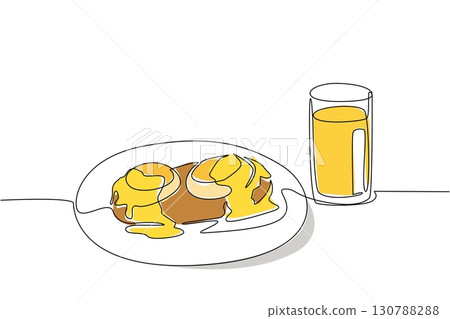 Continuous one line drawing eggs benedict topped with melted cheese and a glass of orange juice. Late breakfast moment. Filling. Brunch for Lunch Day. Single line draw design vector illustration Continuous one line drawing eggs benedict topped with melted cheese and a glass of orange juice. Late breakfast moment. Filling. Brunch for Lunch Day. Single line draw design vector illustration 130788288