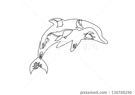 Single one line drawing several silhouettes of types of fish within the silhouette of a dolphin. Maintaining ecosystem balance. Undersea. Mother Ocean Day. Continuous line design graphic illustration 130788290