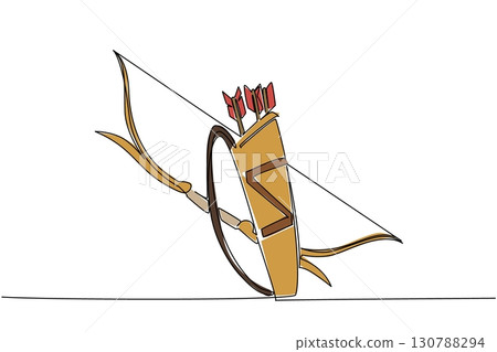 Continuous one line drawing the bow and arrows are in the quiver. Classic weapons that remain in use into the future. Train the focus. Game. Archery Day. Single line draw design vector illustration Continuous one line drawing the bow and arrows are in the quiver. Classic weapons that remain in use into the future. Train the focus. Game. Archery Day. Single line draw design vector illustration 130788294