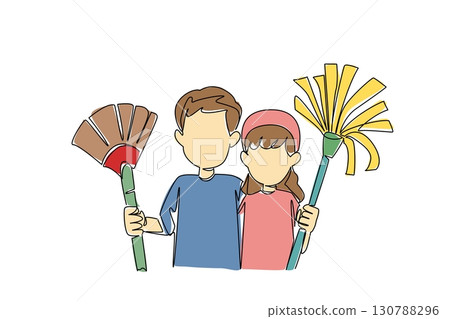Single continuous line drawing a boy and a girl standing carrying broom and mop. Two smart kids work together to make cleaning easier. National Clean Your Room Day. One line design vector illustration Single continuous line drawing a boy and a girl standing carrying broom and mop. Two smart kids work together to make cleaning easier. National Clean Your Room Day. One line design vector illustration 130788296