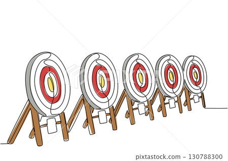 Single one line drawing 5 dart target boards lined up. Archery target pads are prepared for the competition. Looking for talent. Tournament. Archery Day. Continuous line design graphic illustration 130788300
