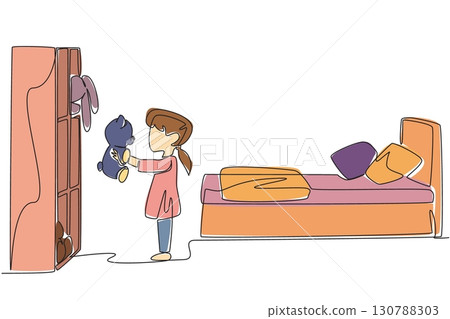 Continuous one line drawing a little girl tidying up her toys and putting them away in the cupboard. Free time for cleaning. National Clean Your Room Day. Single line draw design vector illustration 130788303