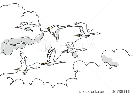 Single continuous line drawing swans fly in mass formation. Fly in groups as high as the clouds to move hundreds of miles. Migration. World Migratory Bird Day. One line design vector illustration 130788316