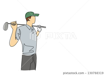 Continuous one line drawing a young man wearing gloves and a hat is putting a golf club on his shoulder. Waiting for his turn. Practice. National Golf Day. Single line draw design vector illustration Continuous one line drawing a young man wearing gloves and a hat is putting a golf club on his shoulder. Waiting for his turn. Practice. National Golf Day. Single line draw design vector illustration 130788319