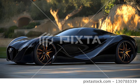 Sleek Black Sports Car with Golden Accents in Outdoor Setting 130788339