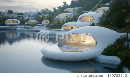 Futuristic Pod Homes Nestled on a Lakeside Hillside at Dusk 130788340