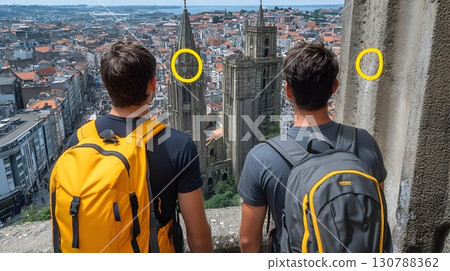 Urban cityscape view from high vantage point two travelers with backpacks 130788362