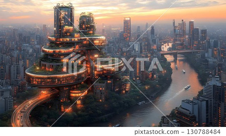 Futuristic Cityscape with Unique Spiraling Buildings and Lush Gr 130788484