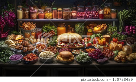 Abundant Food Display Featuring Jars, Sandwiches, Salads, and Fr Abundant Food Display Featuring Jars, Sandwiches, Salads, and Fr 130788489