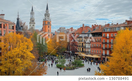 Valladolid's Plaza Mayor in Autumn: A vibrant cityscape with gol Valladolid's Plaza Mayor in Autumn: A vibrant cityscape with gol 130788491