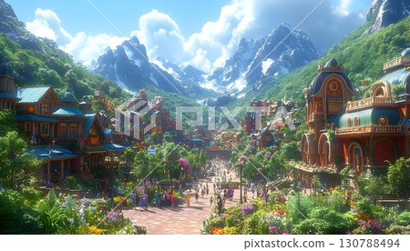Vibrant Mountain Village Scene with Lush Gardens and Distant Wat 130788494