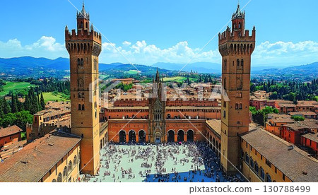 Aerial View of Piazza del Campo with Towers and Crowds in Siena, Aerial View of Piazza del Campo with Towers and Crowds in Siena, 130788499