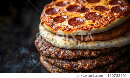 Stacked Pizza and Grilled Meat: A Delicious Culinary Composition Stacked Pizza and Grilled Meat: A Delicious Culinary Composition 130788501