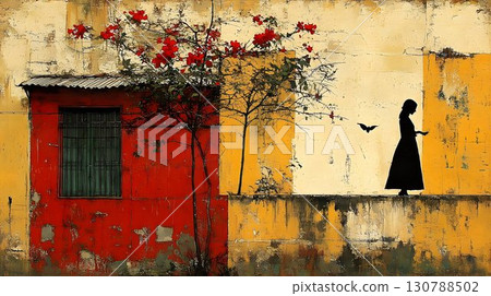Solitary Figure in Black Silhouette Beside Red Building and Flow Solitary Figure in Black Silhouette Beside Red Building and Flow 130788502