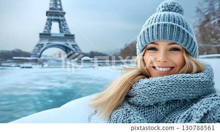 Smiling woman in winter fashion posing in snowy landscape with famous tower Smiling woman in winter fashion posing in snowy landscape with famous tower 130788561
