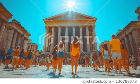 People visiting a grand classical building on a sunny day People visiting a grand classical building on a sunny day 130788579