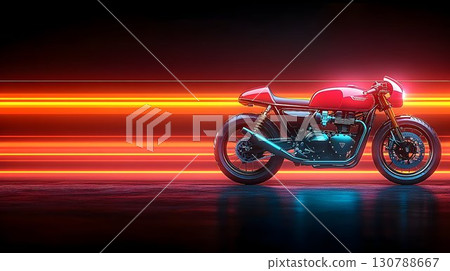 Red classic motorcycle neon lights speed motion transportation technology 130788667