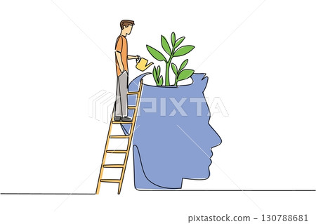 Single continuous line drawing a man stands on the stairs and waters the head that grows 3 plants. Cultivating a caring attitude. International Day of Plant Health. One line design vector illustration 130788681