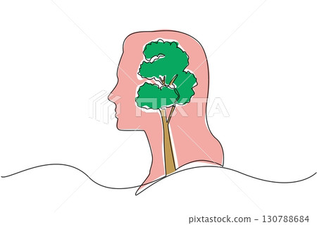Single one line drawing head of woman with a large plant inside. Thinking about greening the earth. Continuously caring. International Day of Plant Health. Continuous line design graphic illustration 130788684