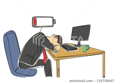 Continuous one line drawing a businessman sleeping at his desk. Take a break. Get back in the business mood. Warm coffee. Chronic Fatigue Syndrome Day. Single line draw design vector illustration 130788687
