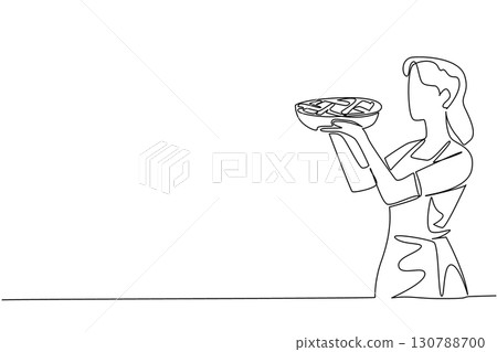 Single continuous line drawing a woman wearing an apron holds an apple pie on a round tray. The finished dough is immediately baked. Tasty. National Apple Pie Day. One line design vector illustration 130788700