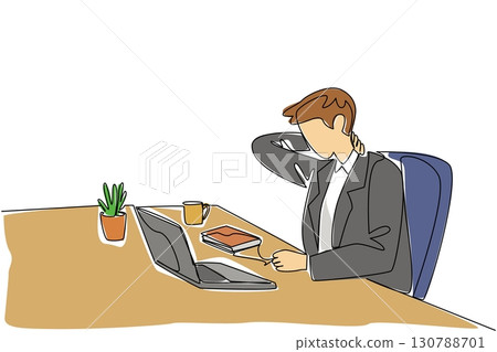 Single continuous line drawing a businessman hold the back of neck with both hands. Stiff neck. Tense muscles. Too focused on laptop. Fibromyalgia Awareness Day. One line design vector illustration 130788701