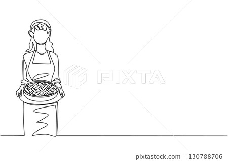 Continuous one line drawing a woman wearing an apron holding an apple pie on a round tray. Still warm. Eat immediately. Delicious. National Apple Pie Day. Single line draw design vector illustration 130788706
