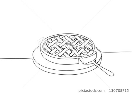 Single one line drawing apple pie cut into small pieces on a cookie scoop and on a round wooden cutting board. Share the pleasure. National Apple Pie Day. Continuous line design graphic illustration Single one line drawing apple pie cut into small pieces on a cookie scoop and on a round wooden cutting board. Share the pleasure. National Apple Pie Day. Continuous line design graphic illustration 130788715