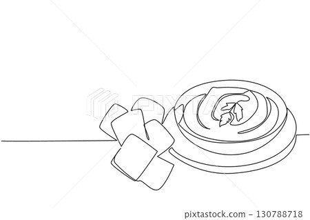 Single continuous line drawing hummus in a black bowl on a round wooden cutting board with pita chips. Traditional Middle Eastern food. International Hummus Day. One line design vector illustration 130788718