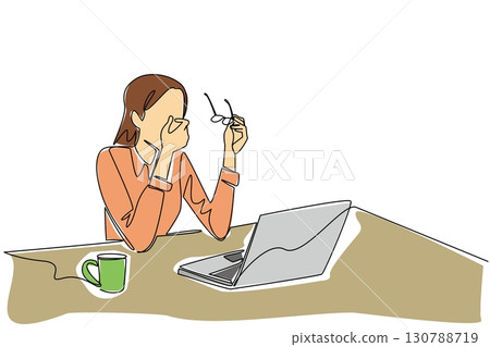 Single one line drawing businesswoman sits while taking off glasses and rubbing eyes. Working overtime takes a lot of energy. Chronic Fatigue Syndrome Day. Continuous line design graphic illustration Single one line drawing businesswoman sits while taking off glasses and rubbing eyes. Working overtime takes a lot of energy. Chronic Fatigue Syndrome Day. Continuous line design graphic illustration 130788719
