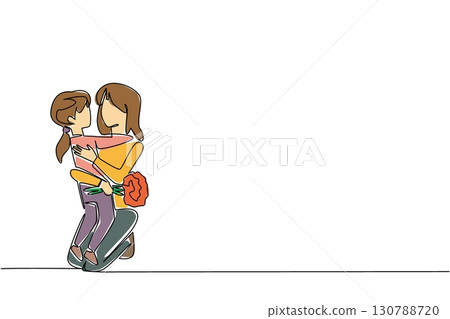 Continuous one line drawing a mother holding a bouquet of flowers sitting on the floor hugged by her daughter. Harmonious family. Happy. Day of Mother. Single line draw design vector illustration 130788720