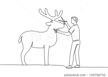 Single one line drawing a male gardener cuts a tree to shape it into a stag with antlers. The art of playing with animal shapes. AgileWorld Topiary Day. Continuous line design graphic illustration Single one line drawing a male gardener cuts a tree to shape it into a stag with antlers. The art of playing with animal shapes. AgileWorld Topiary Day. Continuous line design graphic illustration 130788730