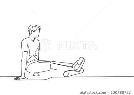 Single one line drawing a man exercising using a foam roller. Handling of minor injuries. Highly competent medical team. Gym. National Foam Rolling Day. Continuous line design graphic illustration Single one line drawing a man exercising using a foam roller. Handling of minor injuries. Highly competent medical team. Gym. National Foam Rolling Day. Continuous line design graphic illustration 130788732