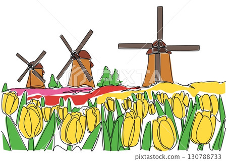 Single continuous line drawing tulip garden with some windmills. Automatic irrigation for watering large tulip flower gardens. Technology. National Windmill Day. One line design vector illustration 130788733