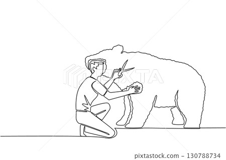 Single continuous line drawing a male gardener kneeling holding tree shears shaping a tree into a bear. Channeling hobbies into different media. World Topiary Day. One line design vector illustration 130788734