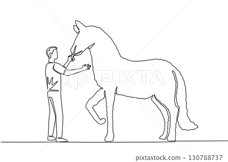 Single one line drawing a male gardener stands holding tree shears shaping a tree into a horse. Made with detail and precision. Hobby. World Topiary Day. Continuous line design graphic illustration 130788737