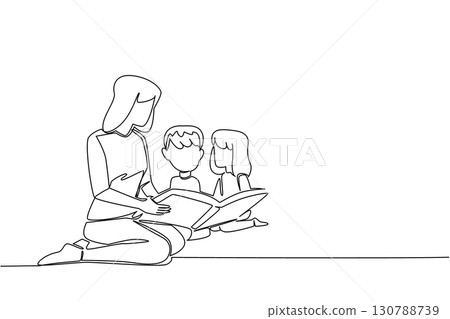 Continuous one line drawing a female babysitter sits on the floor reading book to a boy and a girl. The nanny doing her job wisely. National Babysitter Day. Single line draw design vector illustration Continuous one line drawing a female babysitter sits on the floor reading book to a boy and a girl. The nanny doing her job wisely. National Babysitter Day. Single line draw design vector illustration 130788739
