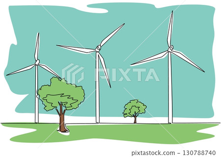 Continuous one line drawing some windmills in the meadow with some big trees. Very useful technology for irrigation. Generator. National Windmill Day. Single line draw design vector illustration 130788740