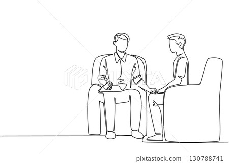 Continuous one line drawing a man holding a clipboard while holding the hand of a man next to him. Care. National Mental Health Provider Appreciation Day. Single line draw design vector illustration 130788741