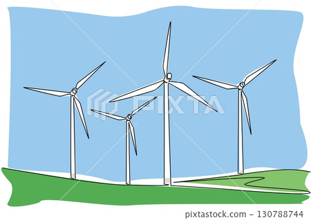 Single one line drawing some windmills in the meadow. Drive the milling machine. Technology that helps humans. View in countryside. National Windmill Day. Continuous line design graphic illustration Single one line drawing some windmills in the meadow. Drive the milling machine. Technology that helps humans. View in countryside. National Windmill Day. Continuous line design graphic illustration 130788744